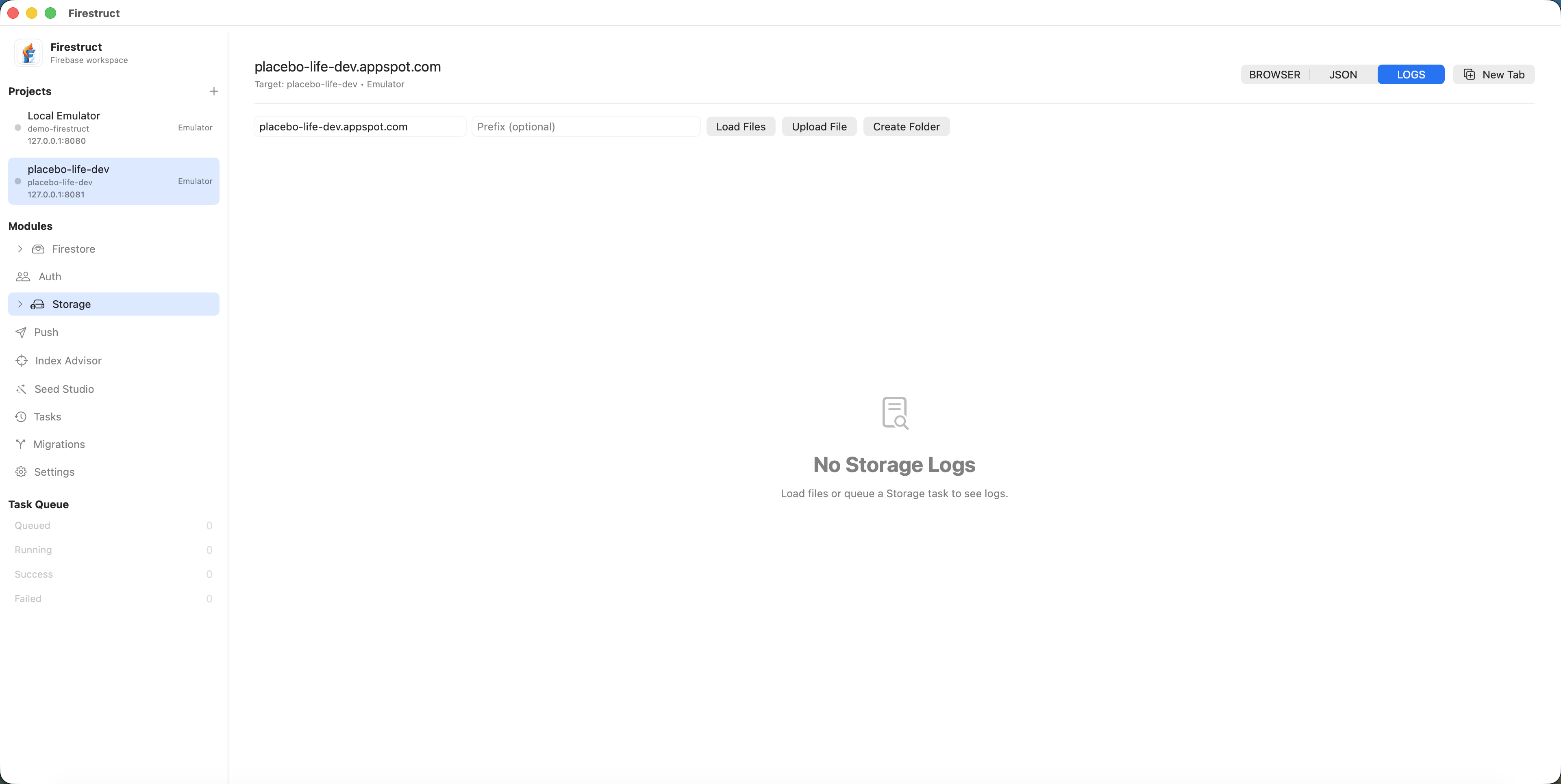 Firestruct Storage browser displaying project folders and files with preview and action controls.