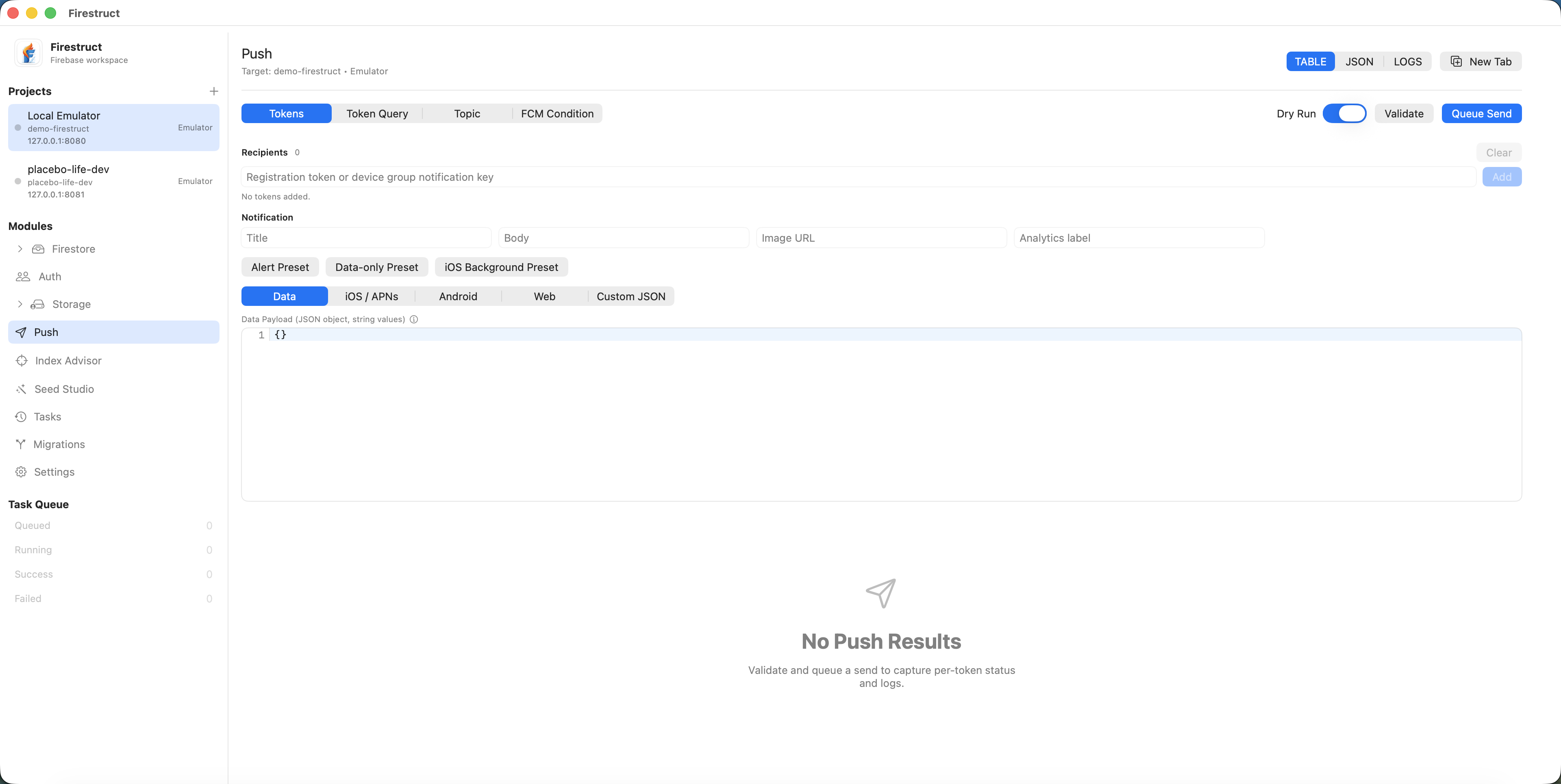 Firestruct Push module showing a notification payload builder with push token selection controls.