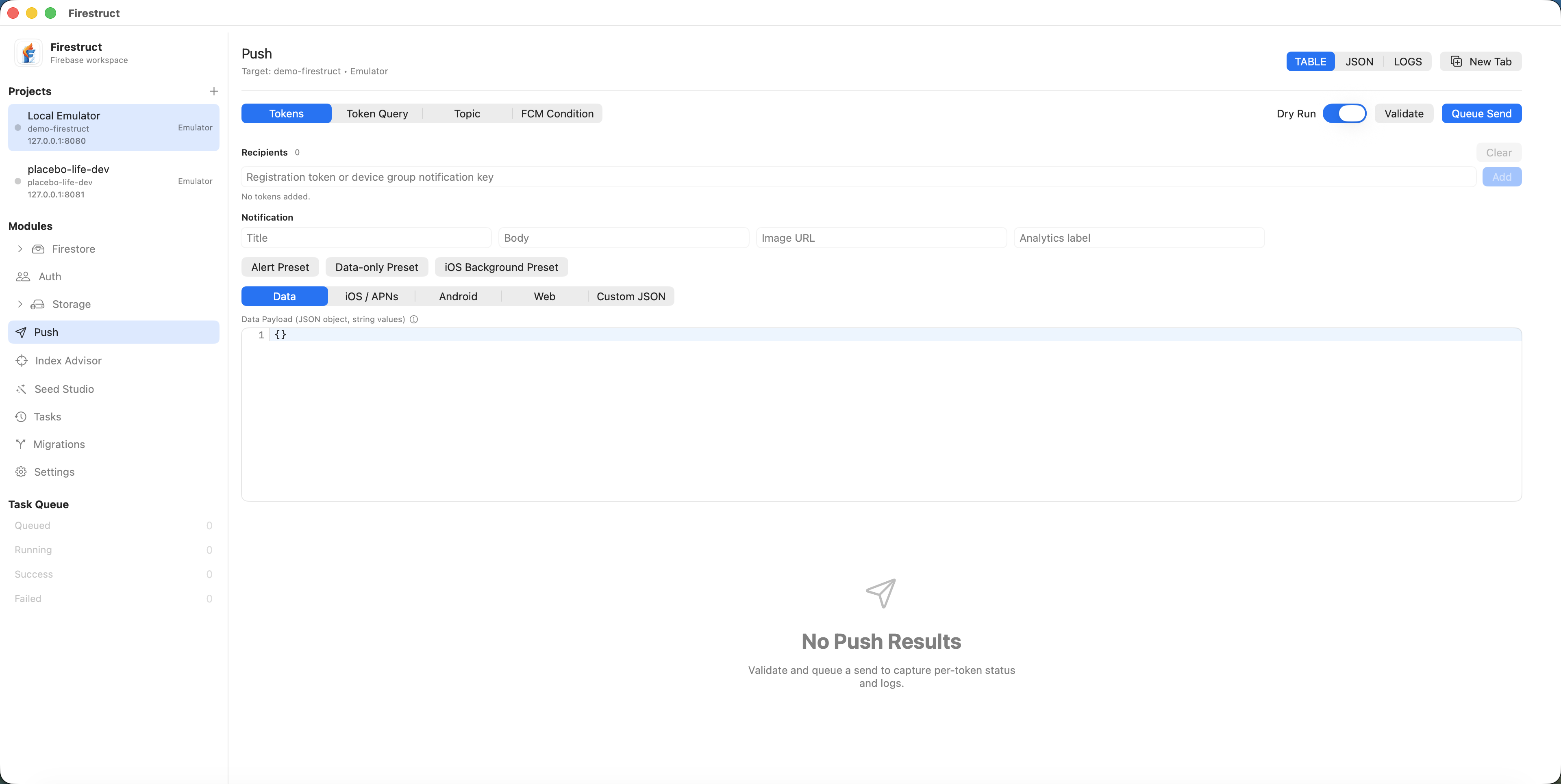 Firestruct Workspace Link settings showing local Firebase configuration and rules or indexes diff controls.