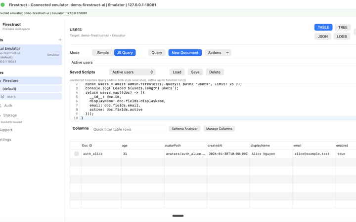 Firestruct Firestore JavaScript query editor showing a saved script and structured query results in the table view.