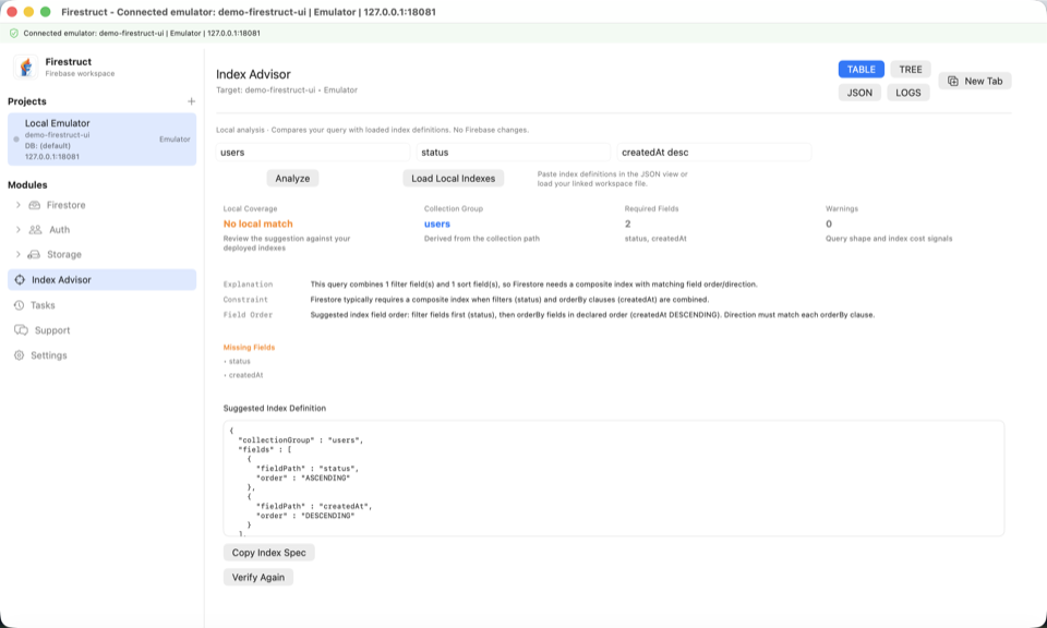 Firestruct Index Advisor showing local index coverage, query fields, and deterministic suggestions for a Firestore query.